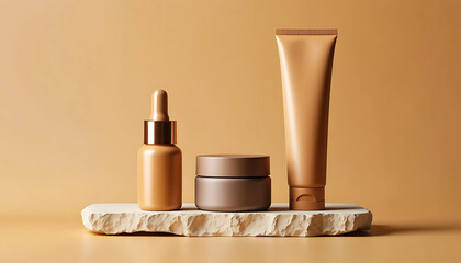 Bottle and tube of beauty spa lotion, lipstick, and powder on a white background