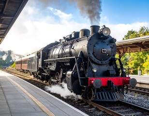 Fototapeta premium Nostalgic view of classic steam locomotive ready for departure at station