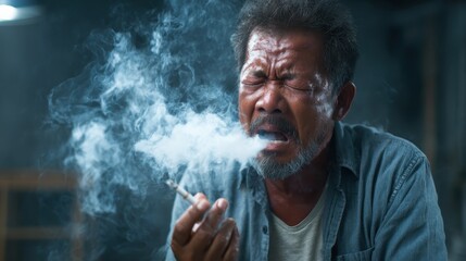 A middle-aged man, wearing a distressed expression, is inhaling smoke from a cigarette in a dimly lit environment, showcasing a moment of struggle and despair.