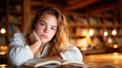 Naklejka premium A contemplative young woman rests her chin on her hand, surrounded by books in a cozy library, reflecting the value of knowledge, solitude, and human connection with literature.