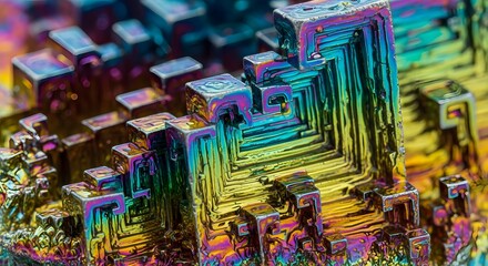 Fototapeta premium Colorful Metallic Microchip with Vibrant Rainbow Hue in Close-up