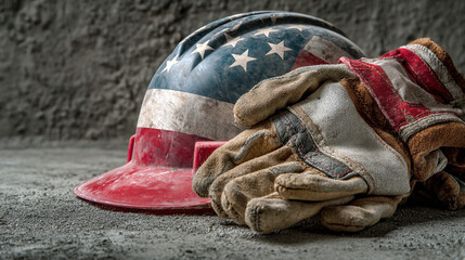 American flag hard hat and work gloves resting on a concrete surface close up view