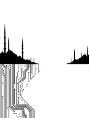 Naklejka premium Vector art of istanbuls skyline a fusion of ancient architecture and modern technology, is depicted with mosques and circuit boards, creating a unique blend of culture and digital innovation
