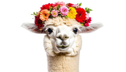 A whimsical alpaca wearing a festive floral crown, perfect for holiday celebrations and cheerful seasonal imagery Isolated on transparent background