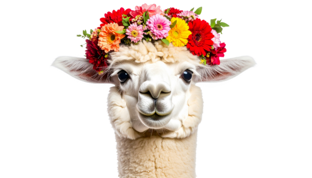 A whimsical alpaca wearing a festive floral crown, perfect for holiday celebrations and cheerful seasonal imagery Isolated on transparent background