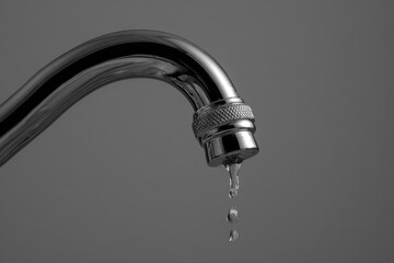 Close-up of a dripping chrome faucet. Water droplets fall from the spout