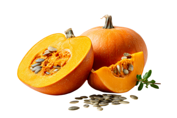 Fresh orange pumpkin cut in half with seeds