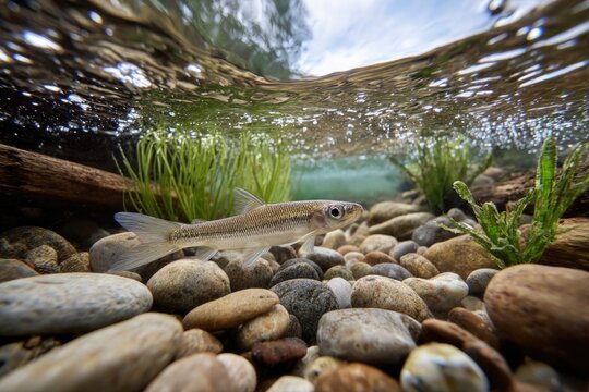 A barbon fish swimming among smooth river stones in a shallow stream with slow-flowing water