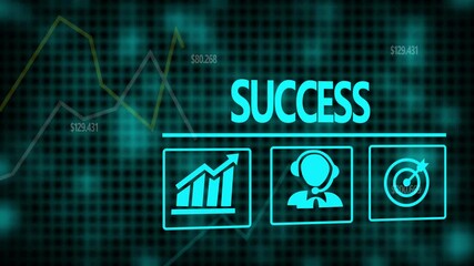Success business concept on a flashing computer monitor with moving graphs and data.
