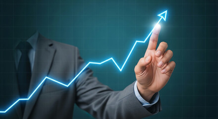 Hand interacts with upward trending glowing graph, showcasing business growth and success, symbolizing progress and achievement in the corporate world