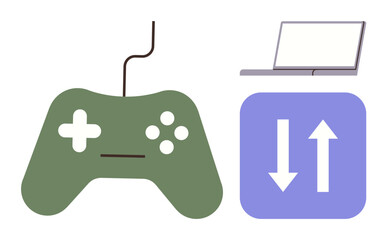 Green gaming controller, purple data transfer arrows, and open laptop showcasing gaming, tech innovation, and connectivity. Ideal for gaming, technology, data flow, computers digital design