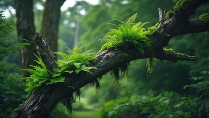 Lush green ferns growing on a fallen tree branch in a dense forest setting.