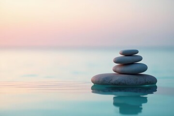 Obraz premium Serene Stacked Stones on Tranquil Water at Dawn Reflecting Inner Peace and Harmony