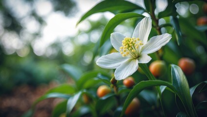 Fototapeta premium Flower blossom on a plant with green leaves, natural background, and soft lighting.