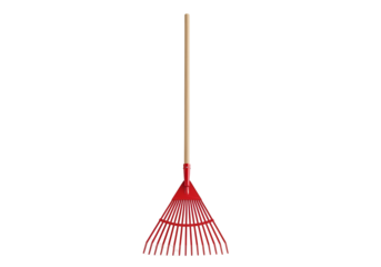 red garden rake with wooden handle isolated on black background