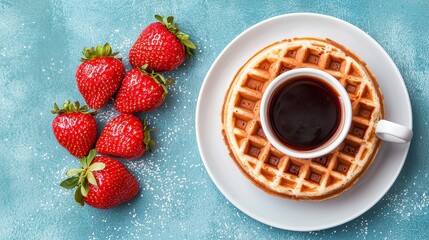 Coffee in Waffle with Strawberries Overhead View of a Delicious Breakfast