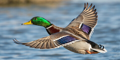 Fototapeta premium A male mallard duck in mid-flight, captured with striking clarity and natural detail. The bird showcasing its iconic emerald-green head that gleams under sunlight, contrasting beautifully.
