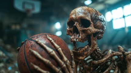 A striking image of a skeleton holding a basketball in a dilapidated gym, evoking themes of time passing, nostalgia, and the ruins of lost dreams and forgotten moments in sports.