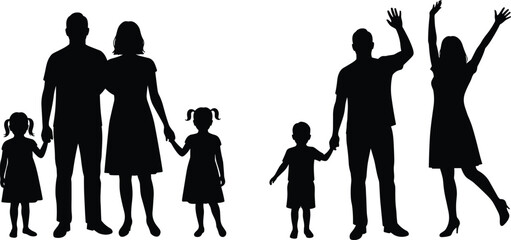 Silhouette family members, parents and children holding hands, happy family moments, black vector illustration, isolated people concept graphic design