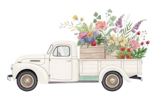 Vintage Flower Truck With White Background on AI generated by PNG