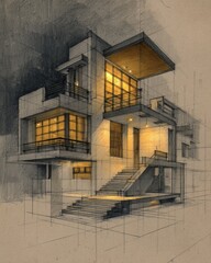 Fototapeta premium Architectural sketch of a modern house at night