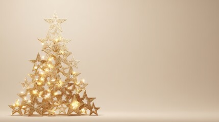 Minimalist golden 3D star Christmas tree with metallic glow on soft beige background, modern festive design with elegant luxury holiday concept and copy space for seasonal decoration