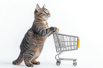 Adorable tabby cat pushing a miniature shopping cart with focused expression