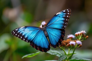 Naklejka premium blue butterfly perched on a wildflower, captured in a close-up macro shot