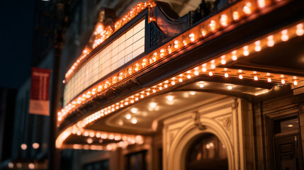 Illuminated theater marquee with blank sign at night showcasing architectural details