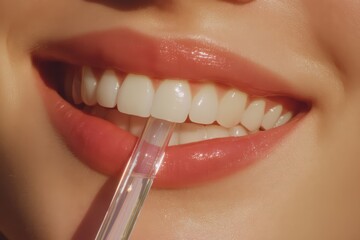 Naklejka premium Close-up of Smiling Woman with Clear Glossy Lips and Pipette