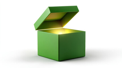 Open Box, A minimalist 3D green gift box with the lid opening and light glowing from inside. Isolated on a clean white background. 3d illustration. 