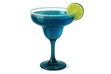 Refreshing blue margarita cocktail garnished with a lime wheel and salt rim, isolated on a transparent background, ready for summer celebrations