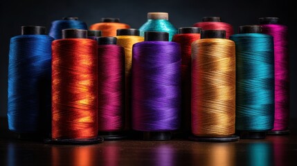 Colorful thread spools on dark wood, studio shot. Craft supply image