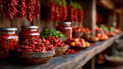 Fototapeta premium A colorful market display featuring an array of bright red drying chilies, alongside fresh produce and jars, portraying the vibrant culture of local markets and culinary diversity.