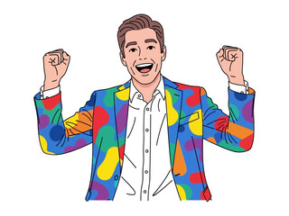 Colorful Jacket and Jubilation: A man, radiates pure joy, celebrates success, his vibrant, colorful jacket capturing the essence of happiness.