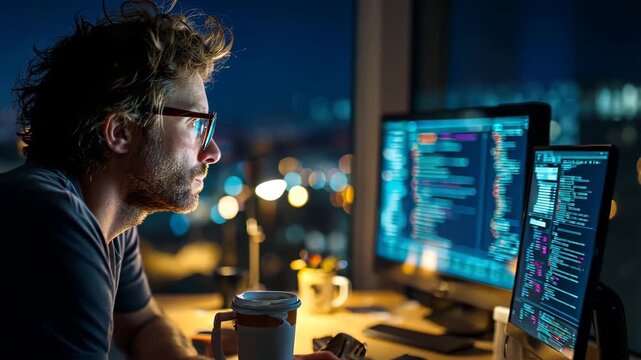 Software developer coding at night in office