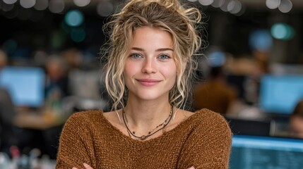 Smiling Female Entrepreneur with Arms Crossed Standing Against Computer in Office