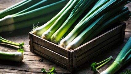 Fresh green onions in a wooden box on a rustic wooden surface. Vegetables and fresh produce, concept. Natural and healthy food. The concept of freshness and organic vegetables.