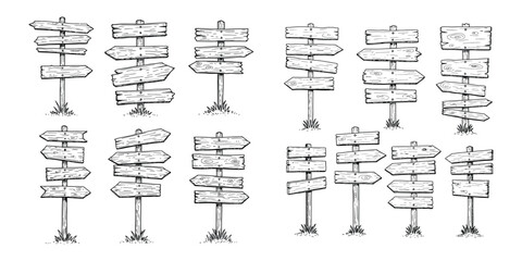 Hand drawn vintage wooden signpost vector set. Sketch style directional road signs, arrows and boards isolated on white background. Rustic wayfinding, travel and navigation elements collection.