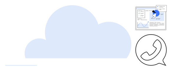 Large blue cloud graphic, data analytics dashboard with pie chart, and phone communication icon. Ideal for technology, cloud computing, data analysis, communication, remote work, networking simple