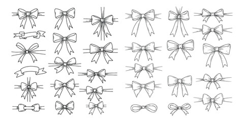 Hand drawn elegant Black line art bows and ribbons. Minimalist drawing sketch. Vintage vector illustration. Perfect for holiday poster, greeting cards, wedding invitations.