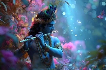 Lord Krishna Playing Flute in Garden for Happy Krishna Janmashtami Celebration.