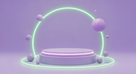 Futuristic Neon Circular Platform with Floating Spheres in Soft Purple and Green Lights