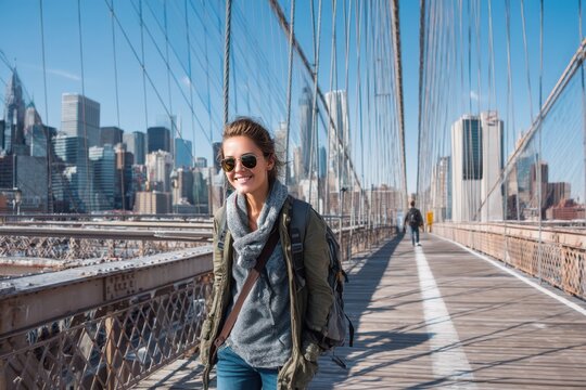 Woman Walking on Brooklyn Bridge with City Skyline in Background Photo.Fictional Character Created By Generative AI