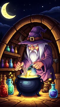 Pixel Art Wizard Brewing Potion in Cauldron Under Moon Light With Various Colorful Bottles Shelves At Night