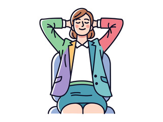 Relaxation & Contentment: A woman, in a moment of quiet peace, sits back, head resting on her hands, in a chair, conveying a sense of rest and contentment.