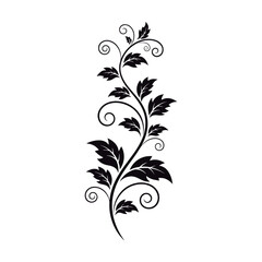 A stylized black silhouette of a delicate vine with swirling tendrils and detailed leaves, perfect for decorative accents.
