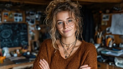 Smiling Woman with Arms Crossed Standing at Her Workplace in Home Office