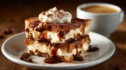 This mouthwatering dessert features layers of creamy filling, chocolate, and crispy bread, perfect for any sweet tooth craving an indulgent treat with coffee.