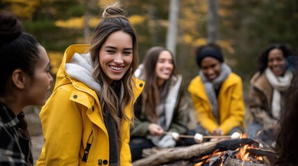 Smiling woman in bright yellow winter jacket sitting by campfire with diverse group of friends. Cozy outdoor gathering with fire and marshmallow roasting.